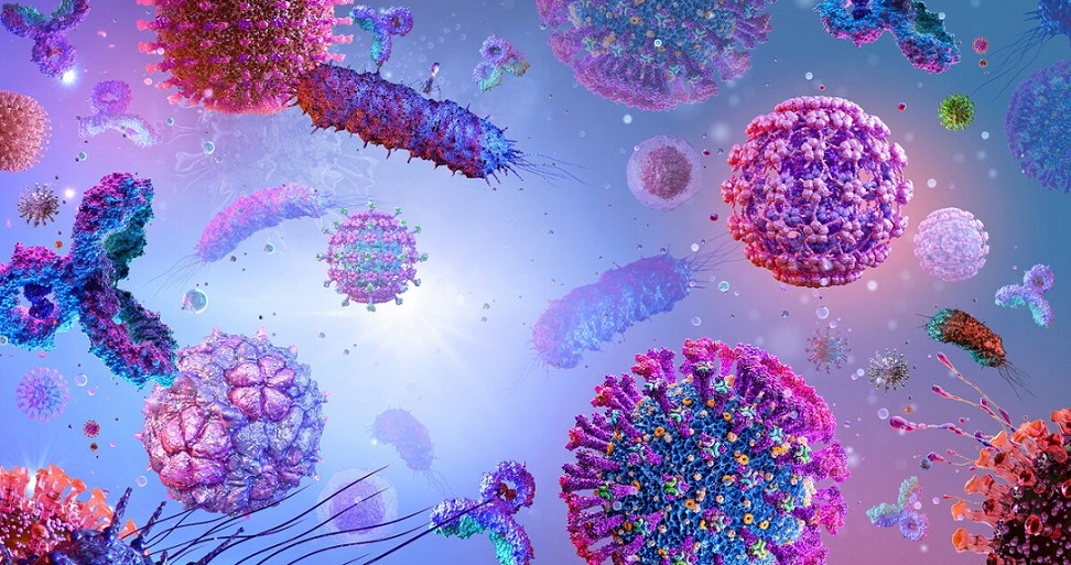 Различные бактерии и вирусы на фиолетовом фоне